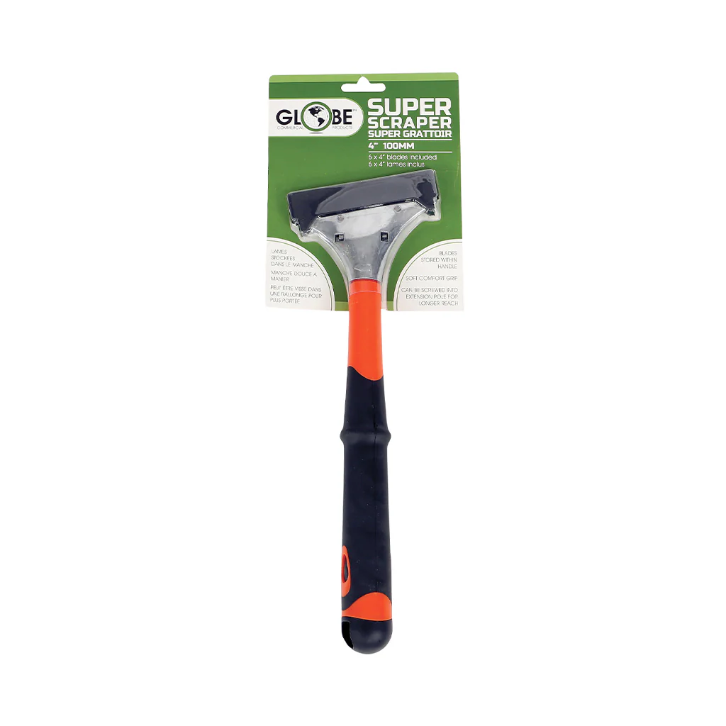 4 Inch Heavy Duty Scraper - 4"L / Black/ Orange / Blister Packed 12" Long Handle / 5 Scraper Blades